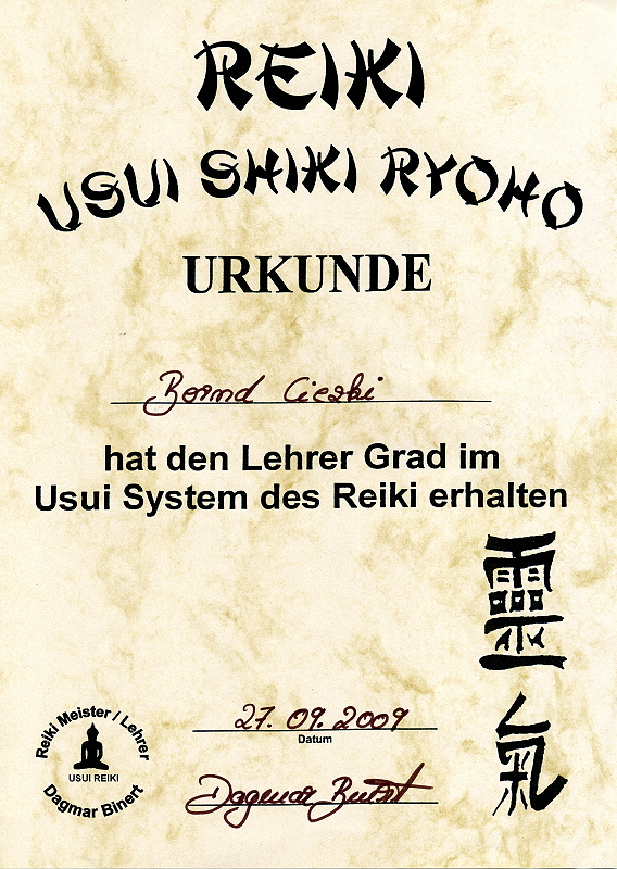 Bild: Urkunde Reiki  Lehrergrad