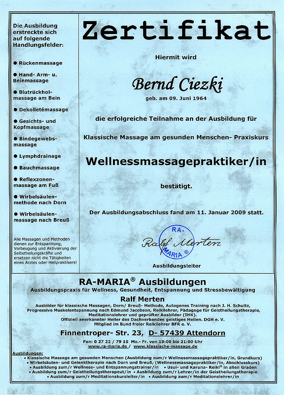 Zertifikat Massage